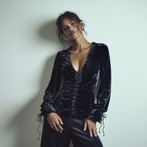 ECI Black Velvet Lace Up Blouse Romantic Whimsigoth Semi-Sheer Tie Wrist